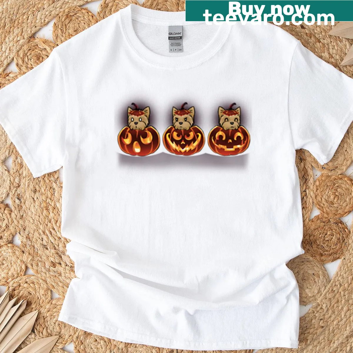 Funny Halloween t-shirt featuring Yorkies in costumes — on a men's t-shirt