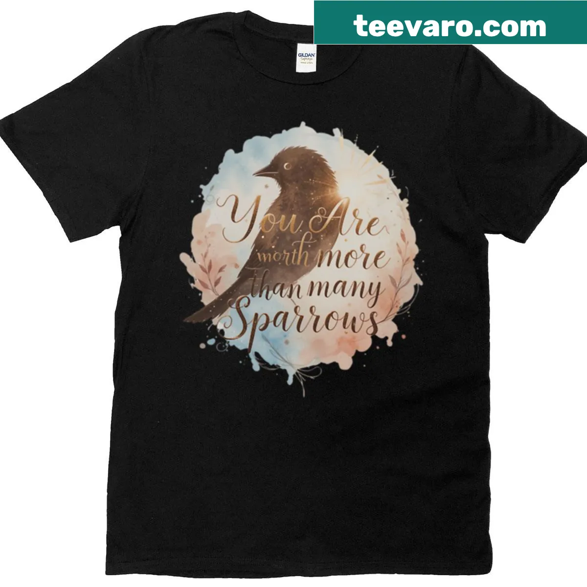 Inspirational T-shirt with the phrase 'You Are Worth More Than Sparrows' in watercolor style. — on a men's t-shirt