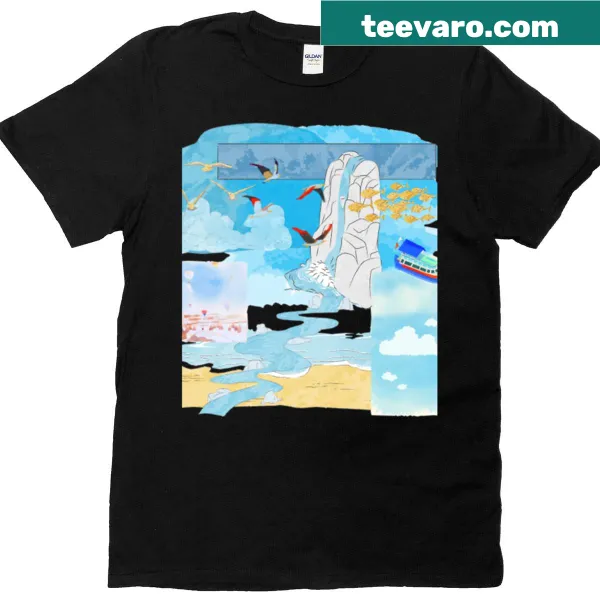 Illustrative design emphasizing blue in nature on a T-shirt