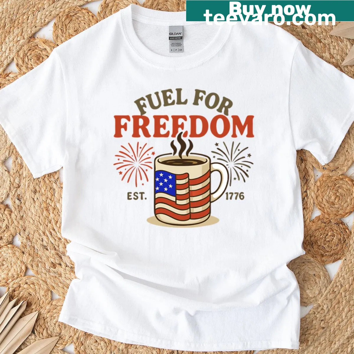 Illustration of coffee with patriotic elements for Independence Day — on a men's t-shirt