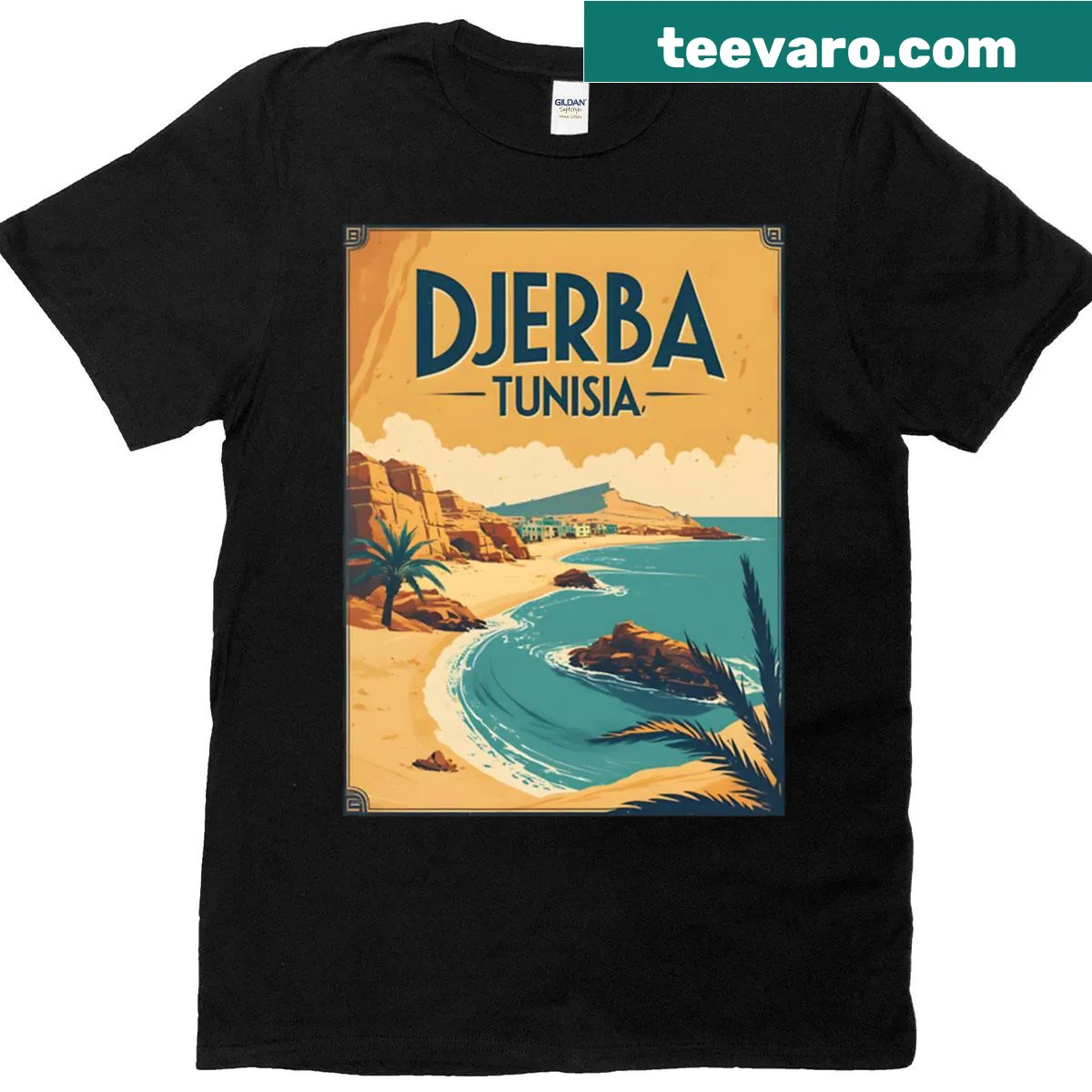 Vintage illustration T-shirt showcasing Djerba, Tunisia's landscapes. — on a men's t-shirt