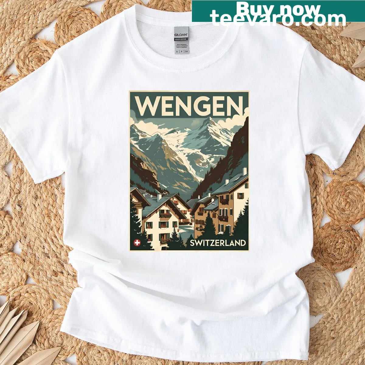 Vintage illustration of Wengen, Switzerland on a T-shirt — on a men's t-shirt