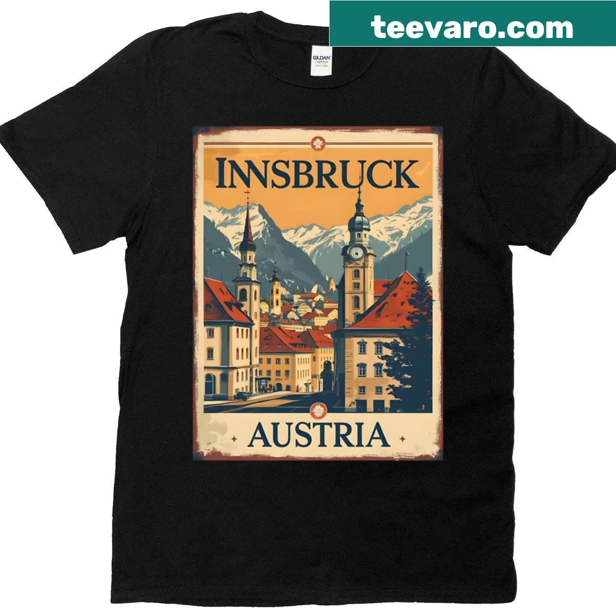 Vintage illustration T-shirt depicting Innsbruck, Austria. — on a men's t-shirt