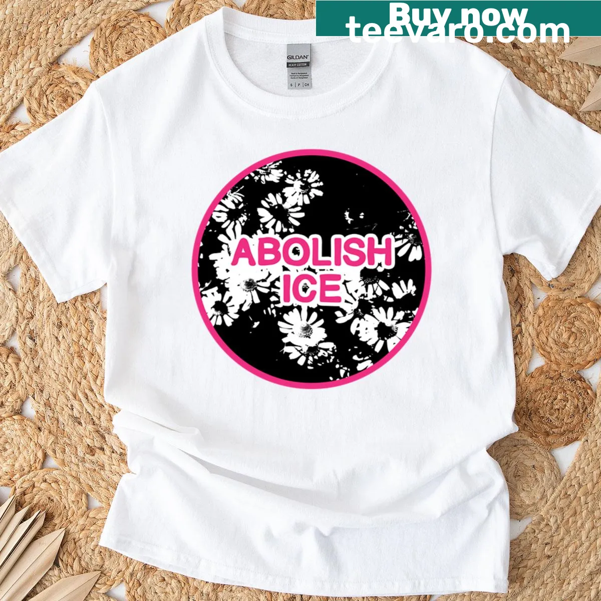 Oversized T-shirt with bold text: 'Abolish Ice, Disarm, Defund, Dismantle' — on a men's t-shirt