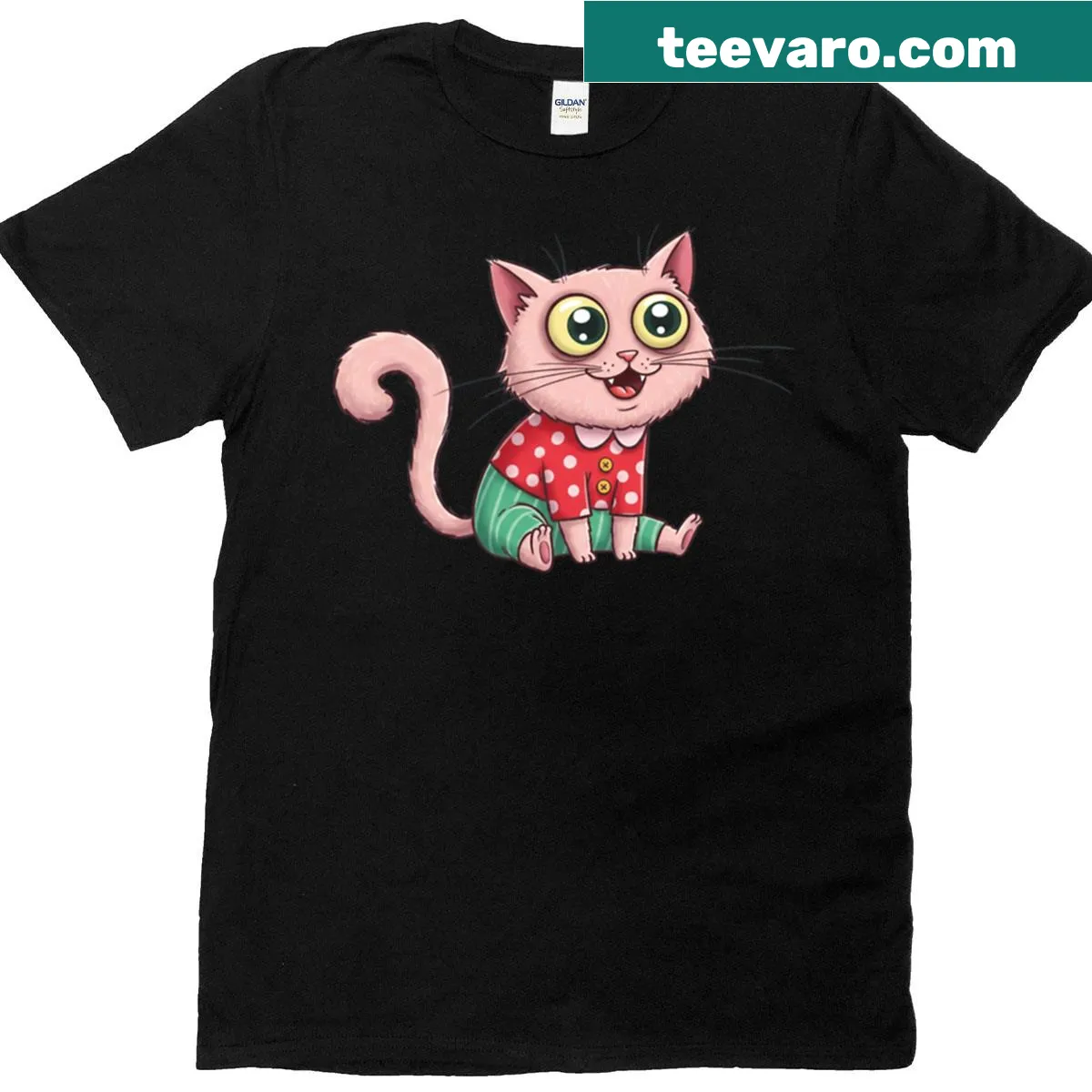Cute cartoon cat in pajamas design on a comfy t-shirt — on a men's t-shirt