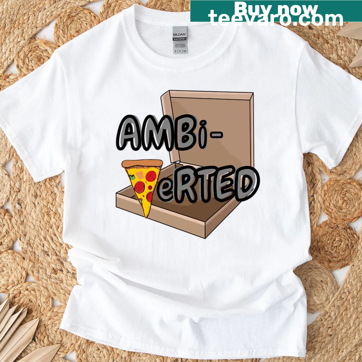 Cartoon pizza slice with text celebrating ambiverts and pizza lovers. — on a men's t-shirt
