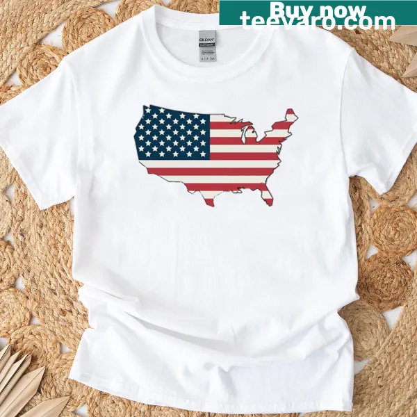 American flag shaped like the USA map graphic on T-shirt