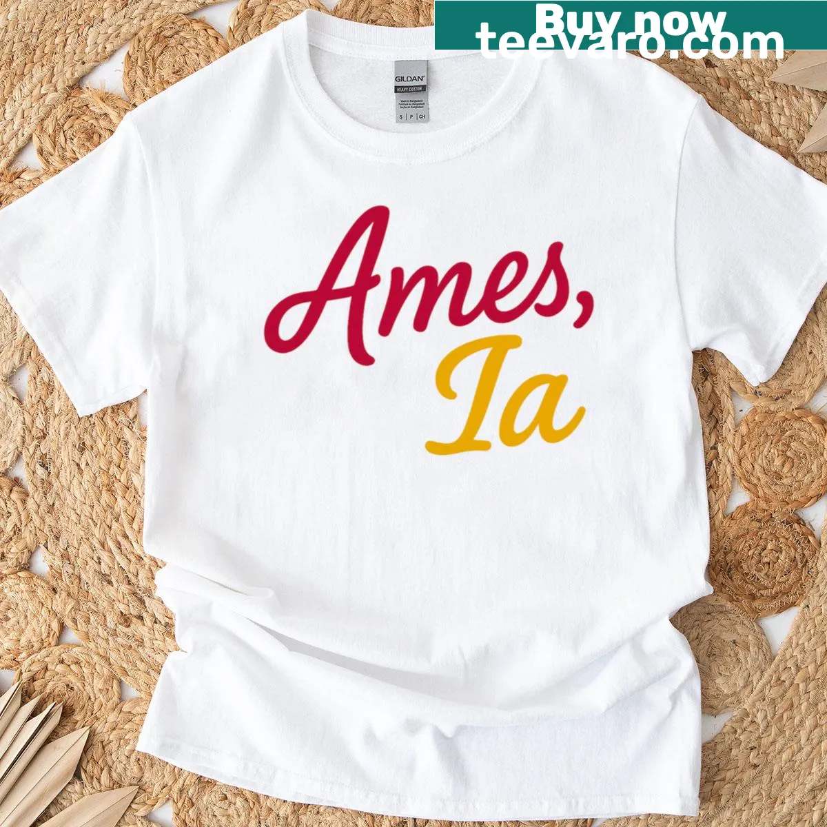 Retro script design saying 'Ames IA' in a vintage style. — on a men's t-shirt