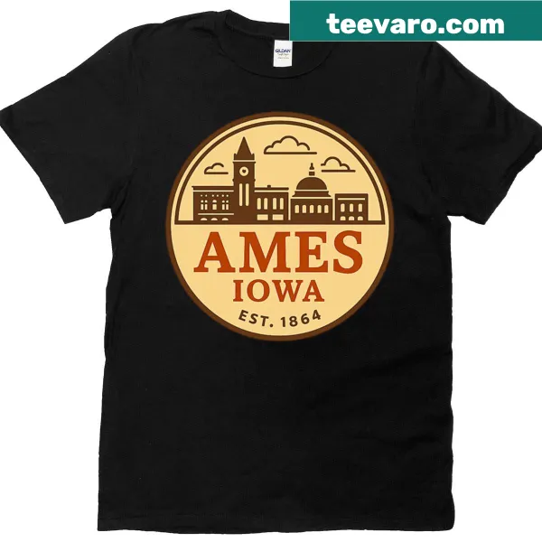 Vintage Ames Iowa skyline badge design on a T-shirt