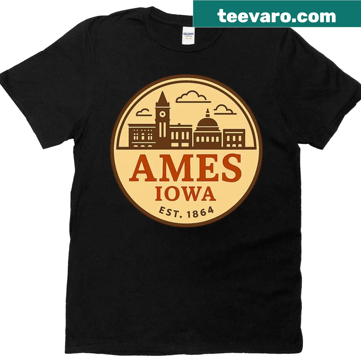 Vintage Ames Iowa skyline badge design on a T-shirt — on a men's t-shirt