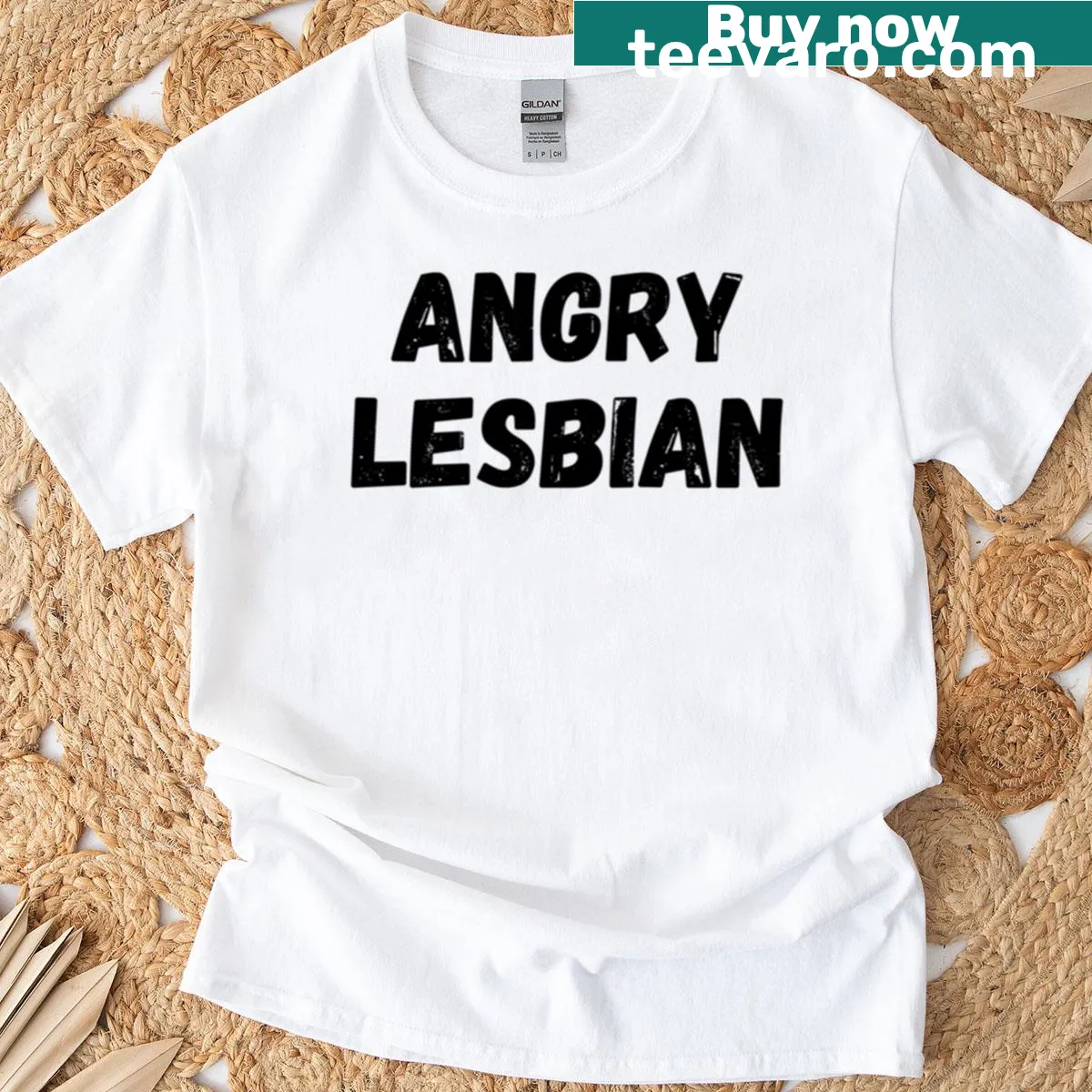 Bold typography graphic reading 'Angry Lesbian' on a casual t-shirt — on a men's t-shirt
