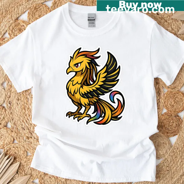 Anime-inspired fantasy bird illustration on a T-shirt.