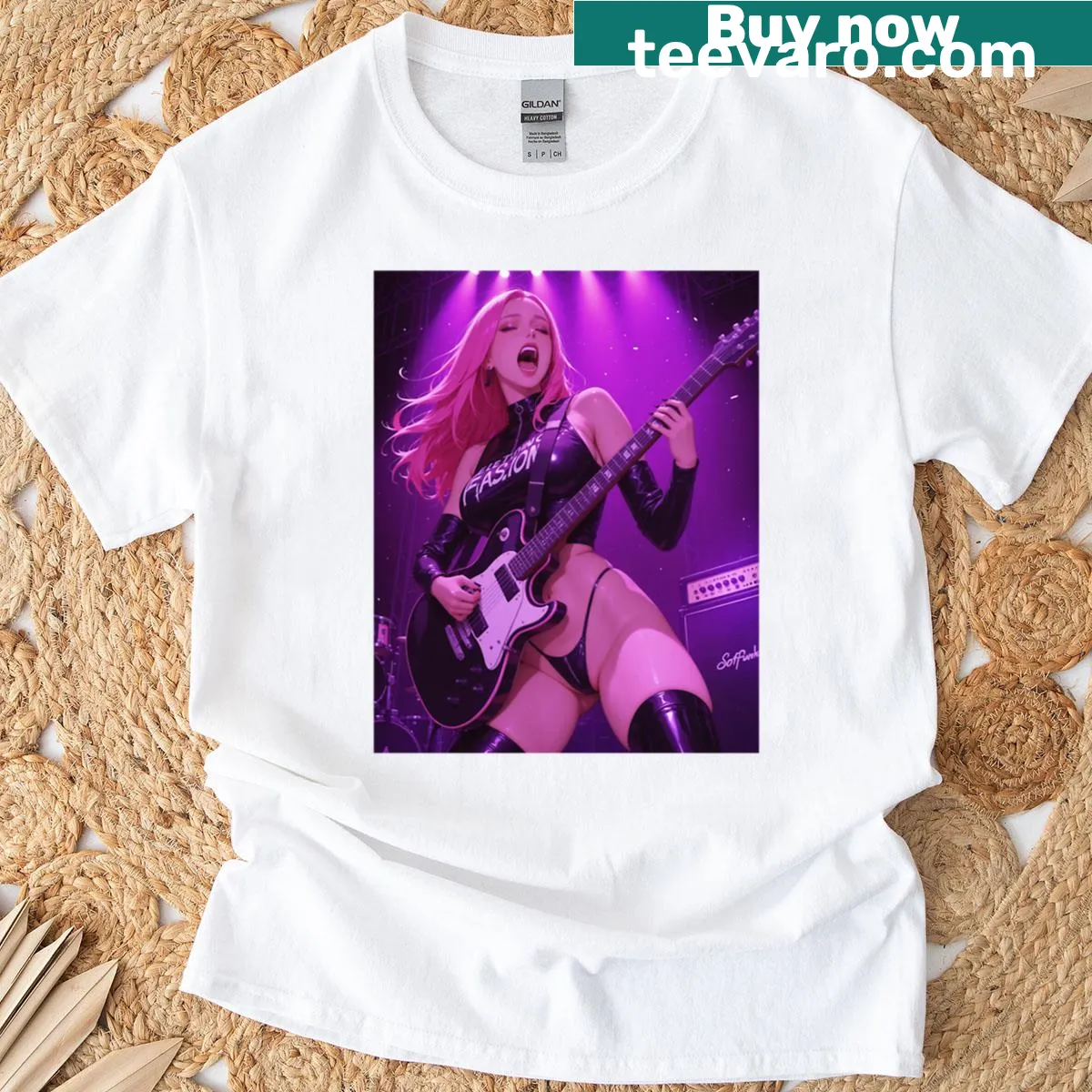 Anime girl playing guitar graphic on T-shirt — on a men's t-shirt