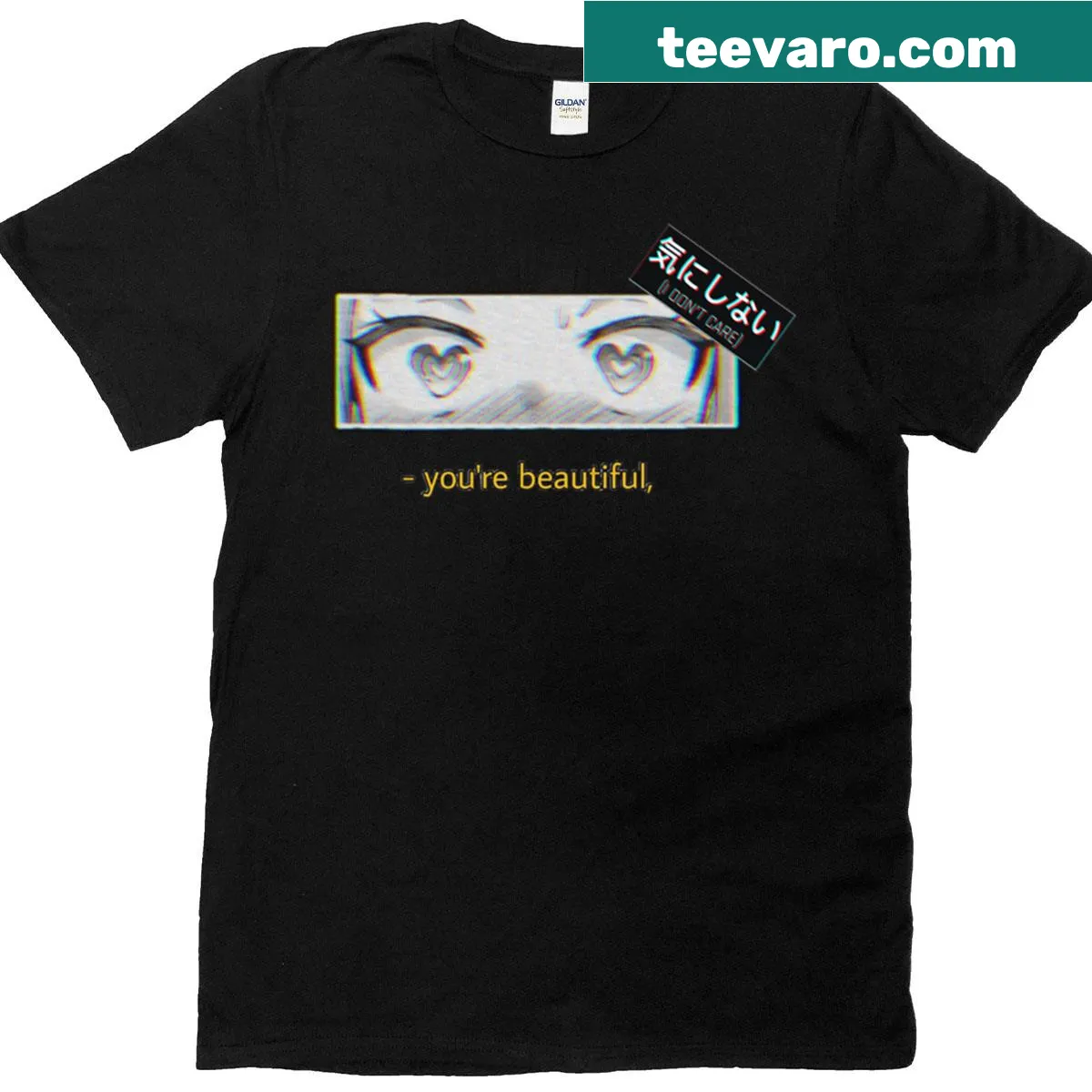 Anime glitch design T-shirt with 'I Don’t Care' text — on a men's t-shirt