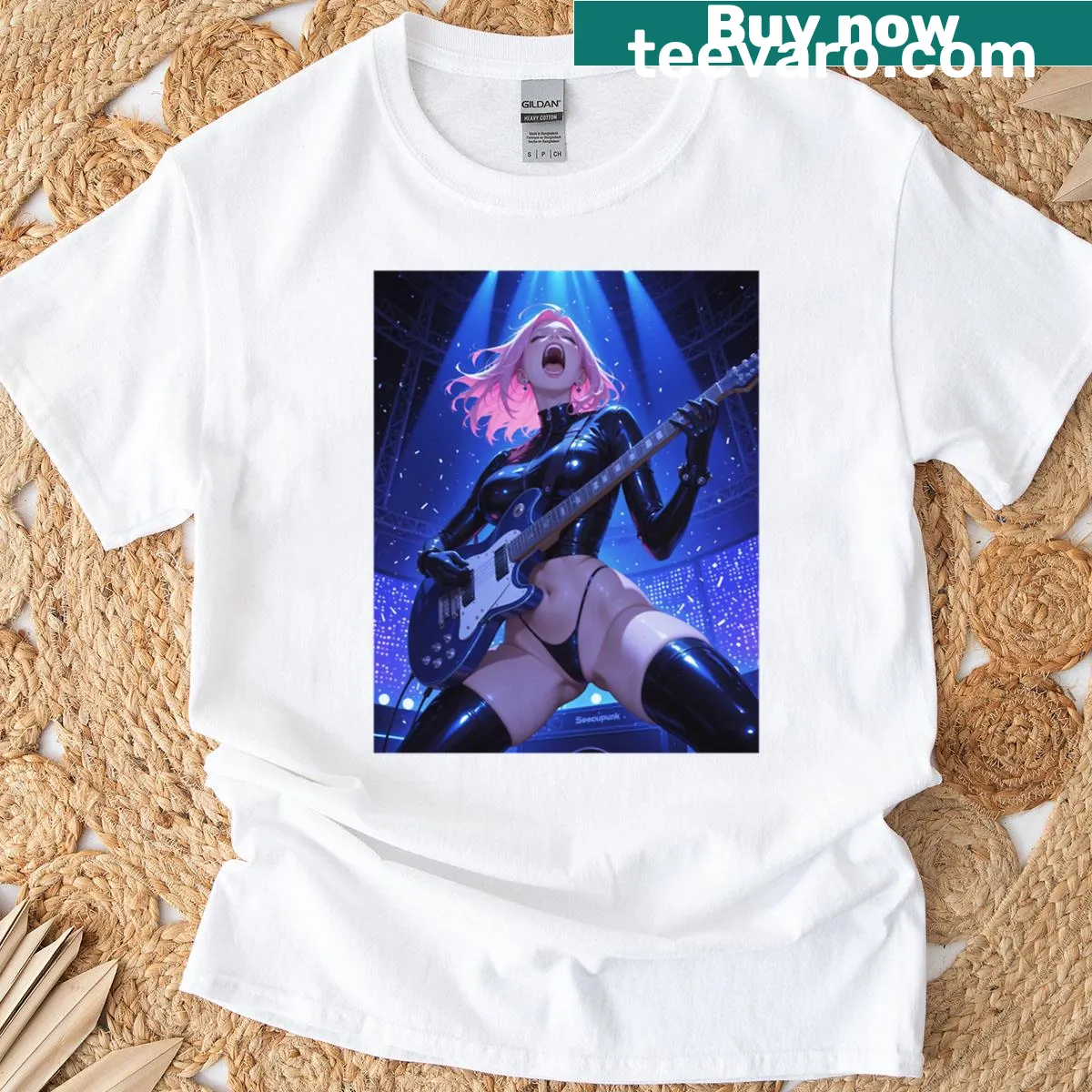 Metal girl graphic T-shirt with a guitar illustration — on a men's t-shirt