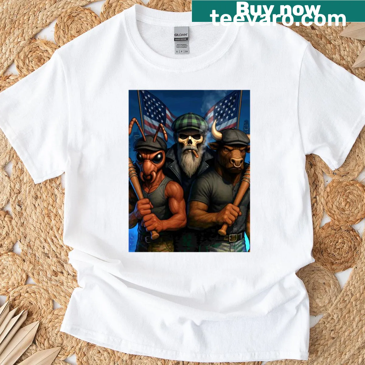 Fun graphic depicting friends unboxing on a casual t-shirt — on a men's t-shirt
