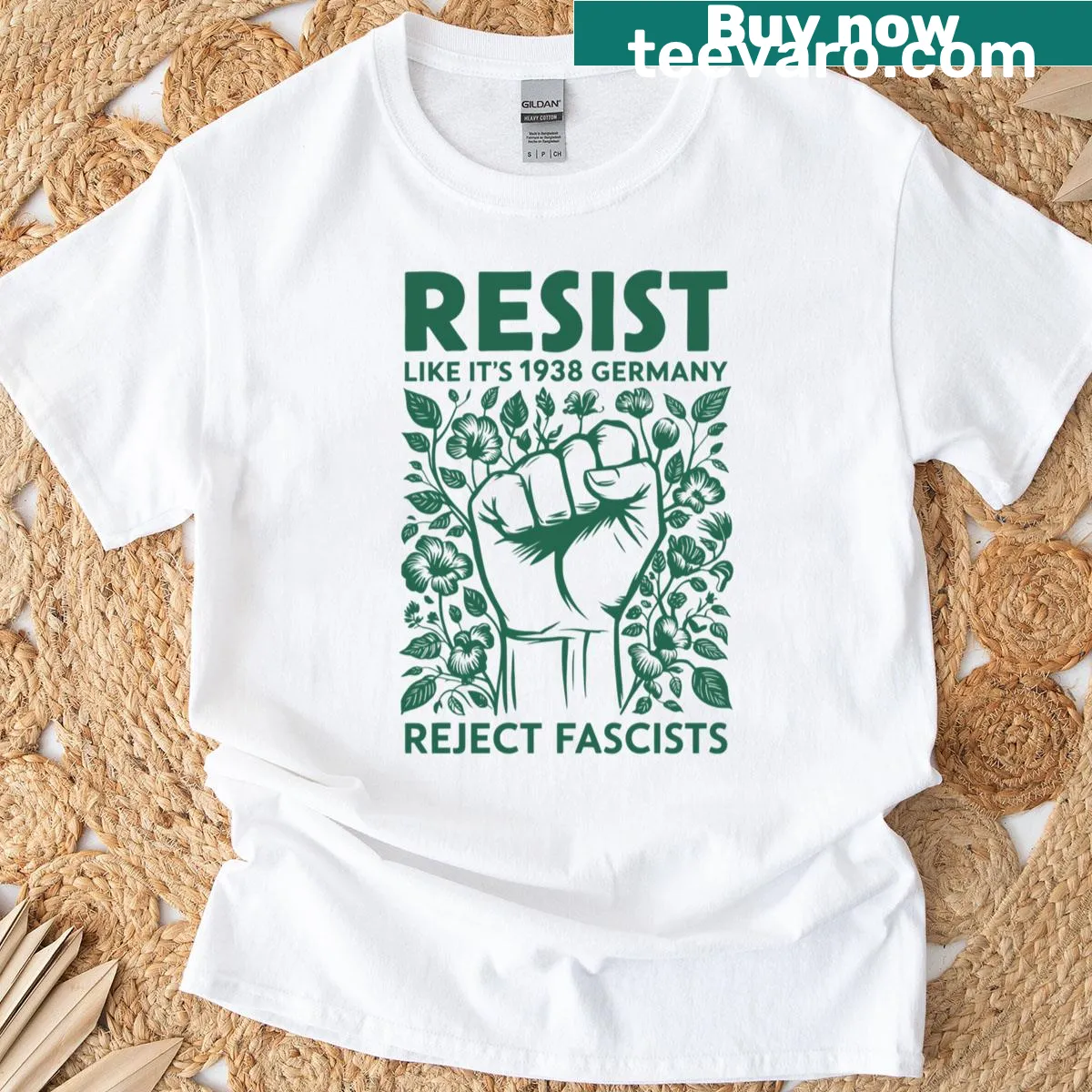 Bold typography graphic conveying anti-fascist message on a t-shirt — on a men's t-shirt