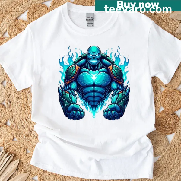Illustration of a luminous turtle warrior on a fantasy-themed t-shirt