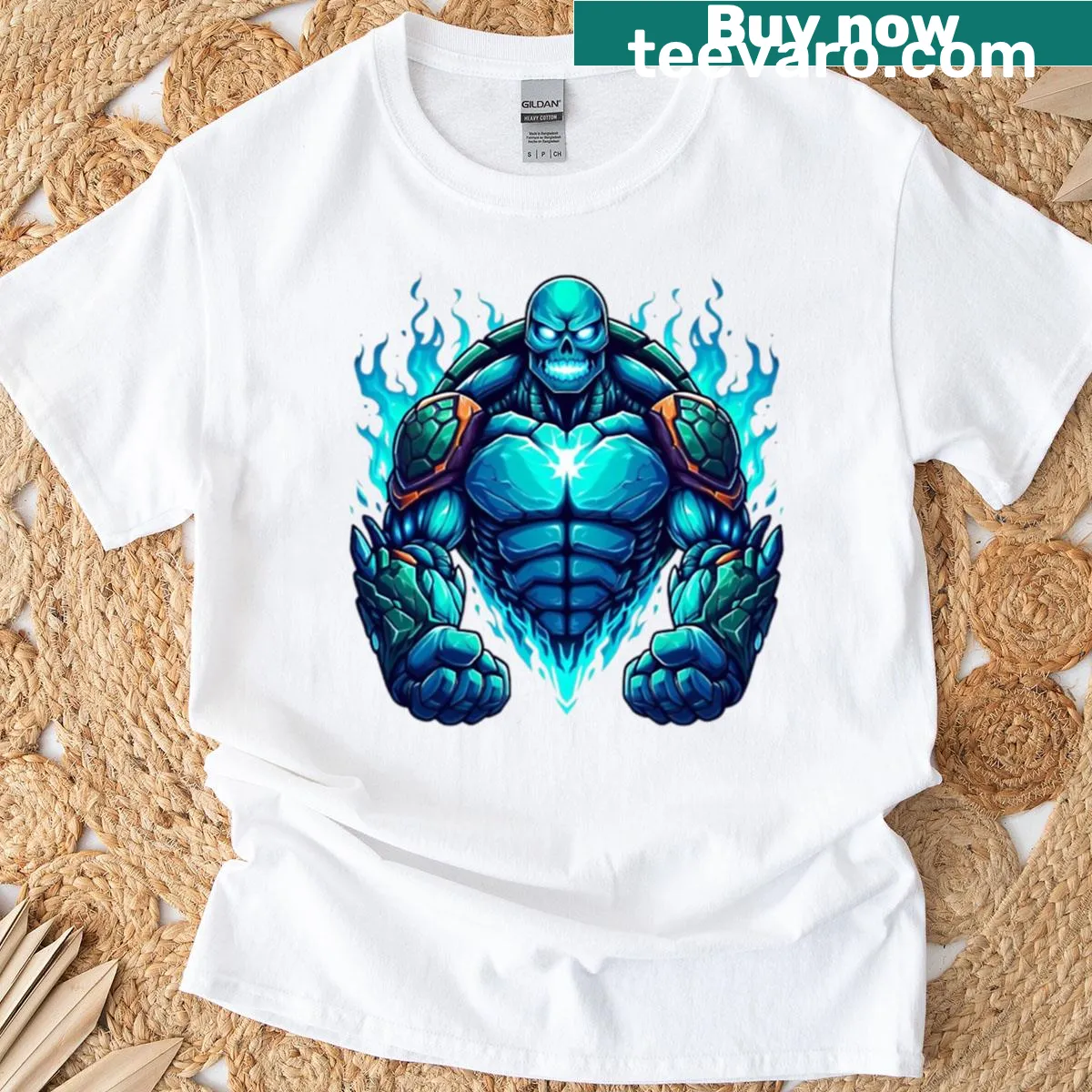 Illustration of a luminous turtle warrior on a fantasy-themed t-shirt — on a men's t-shirt