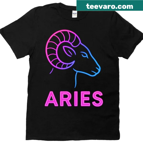 Neon outline of Aries zodiac sign on a T-shirt