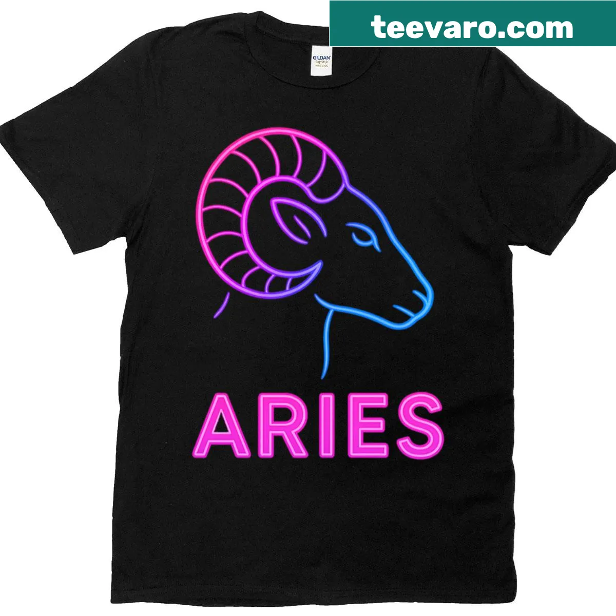 Neon outline of Aries zodiac sign on a T-shirt — on a men's t-shirt