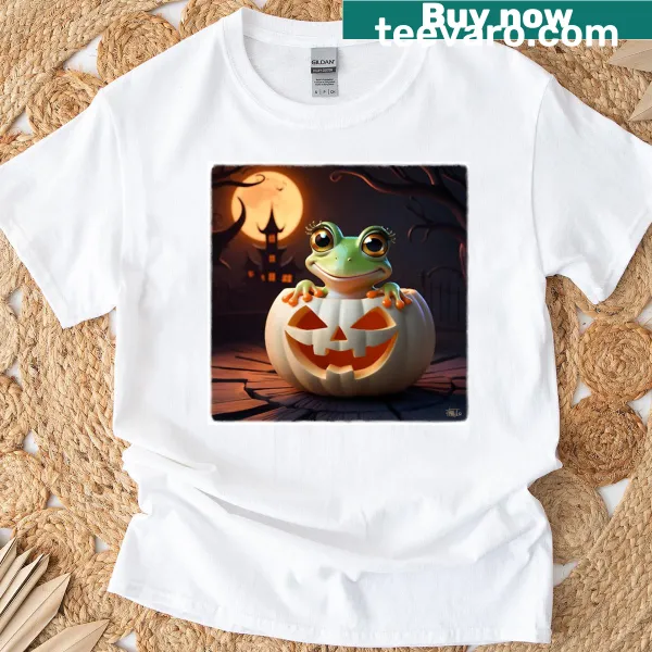 Cute baby frog in a pumpkin illustration on a T-shirt