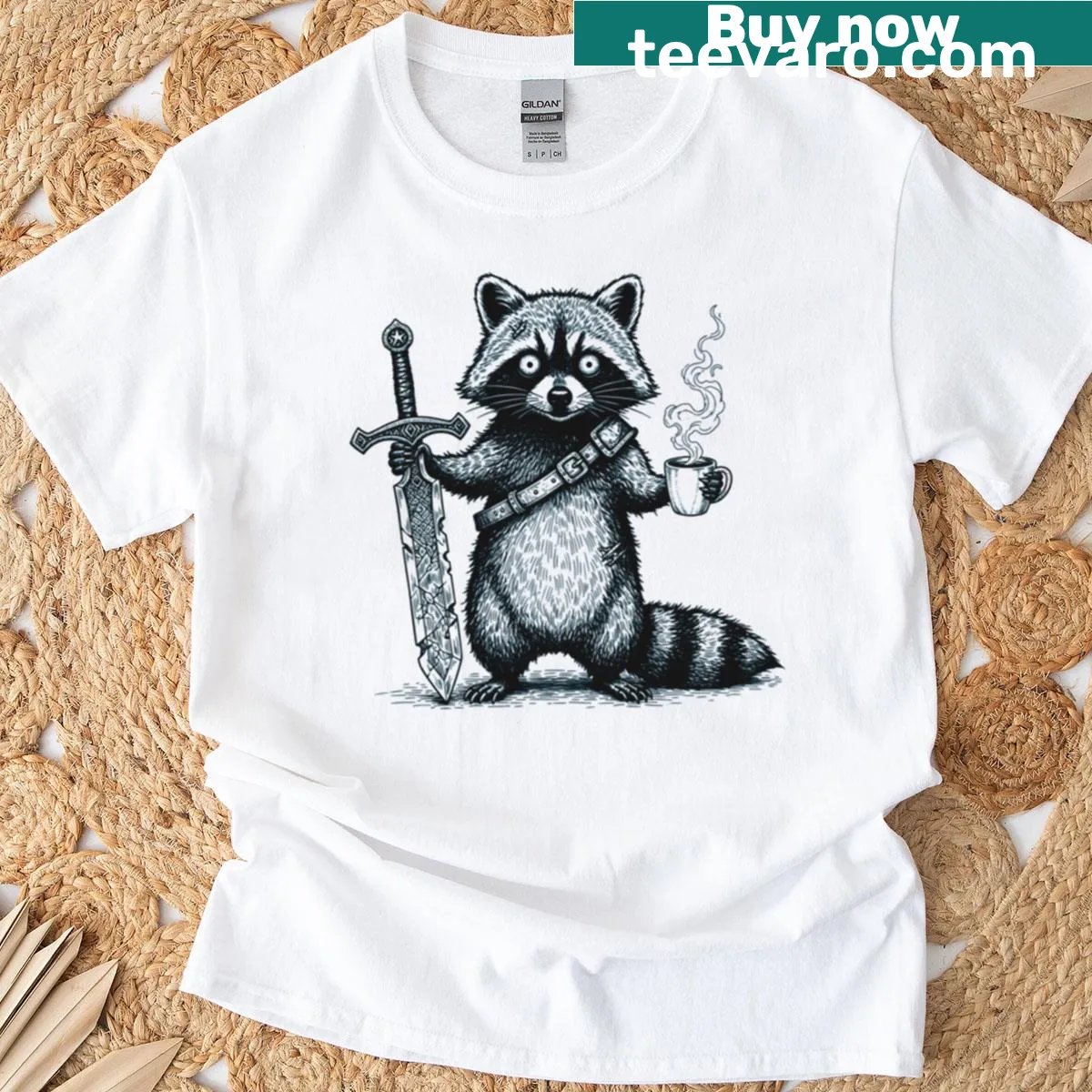 Raccoon character with coffee graphic T-shirt — on a men's t-shirt