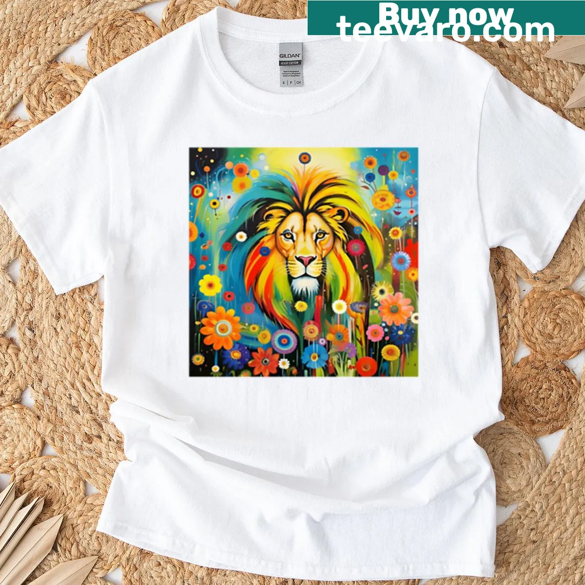 Realistic lion surrounded by meadow flowers on a T-shirt — on a men's t-shirt