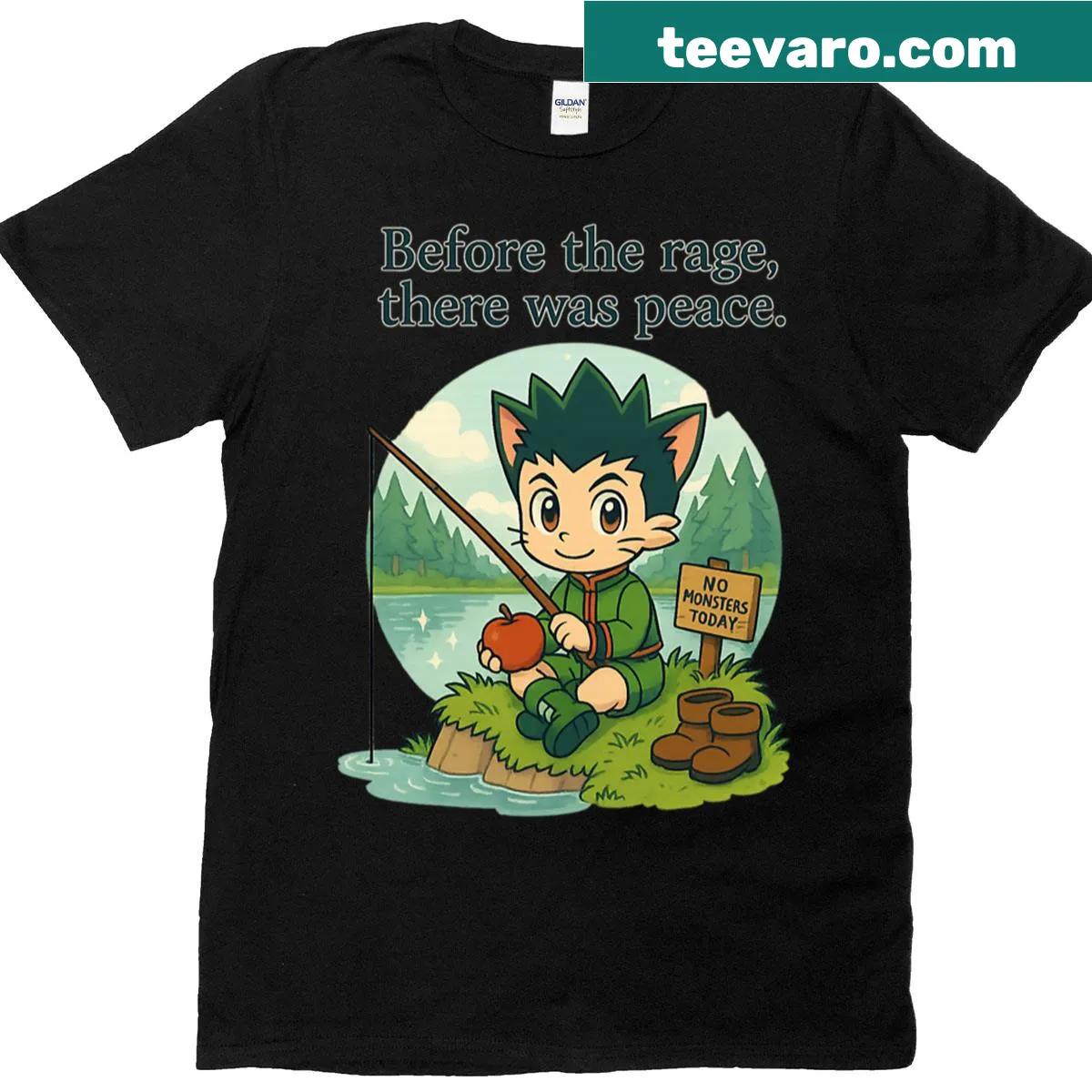Humorous fishing parody t-shirt depicting peace before the catch — on a men's t-shirt