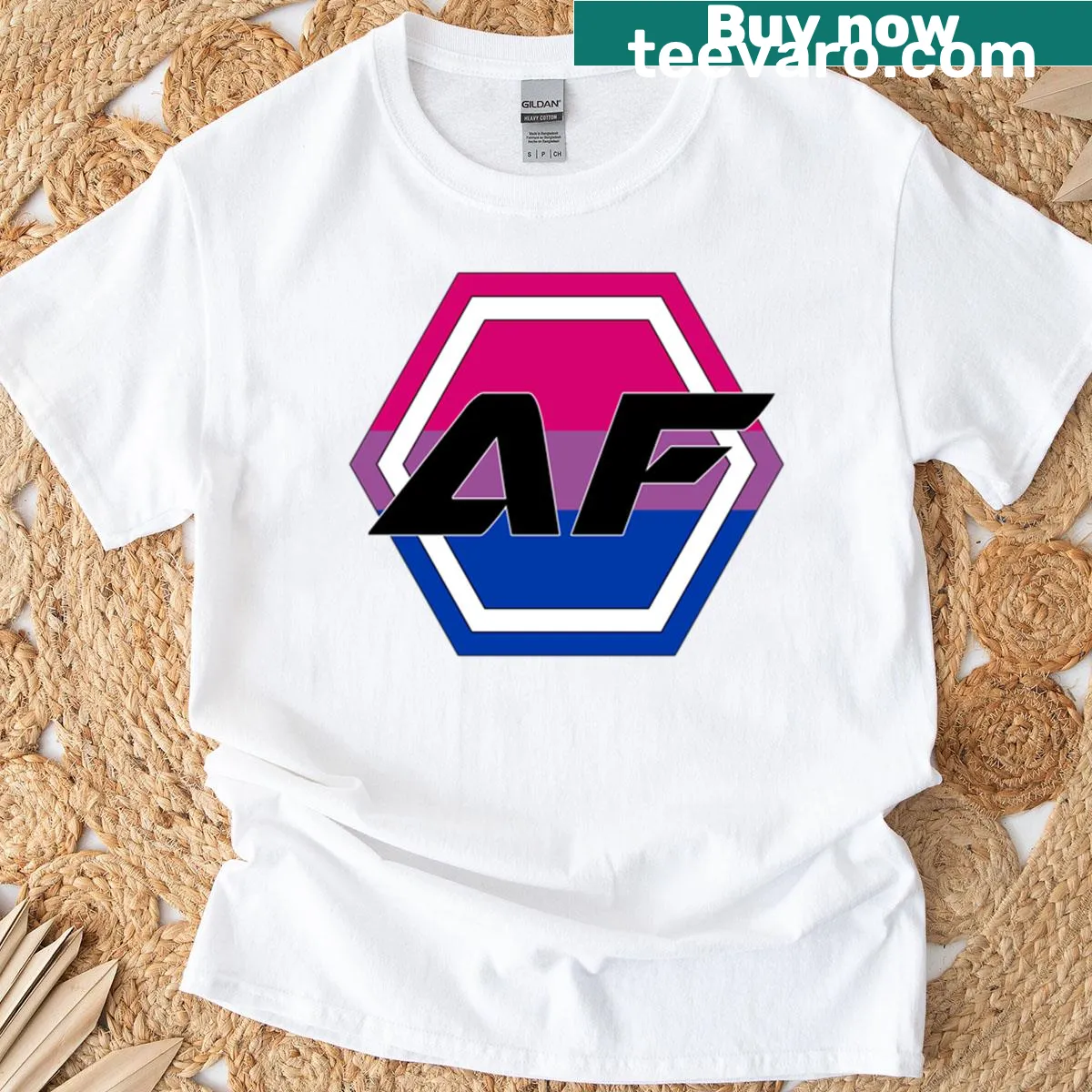 T-shirt featuring Bi Pride flag with black text — on a men's t-shirt