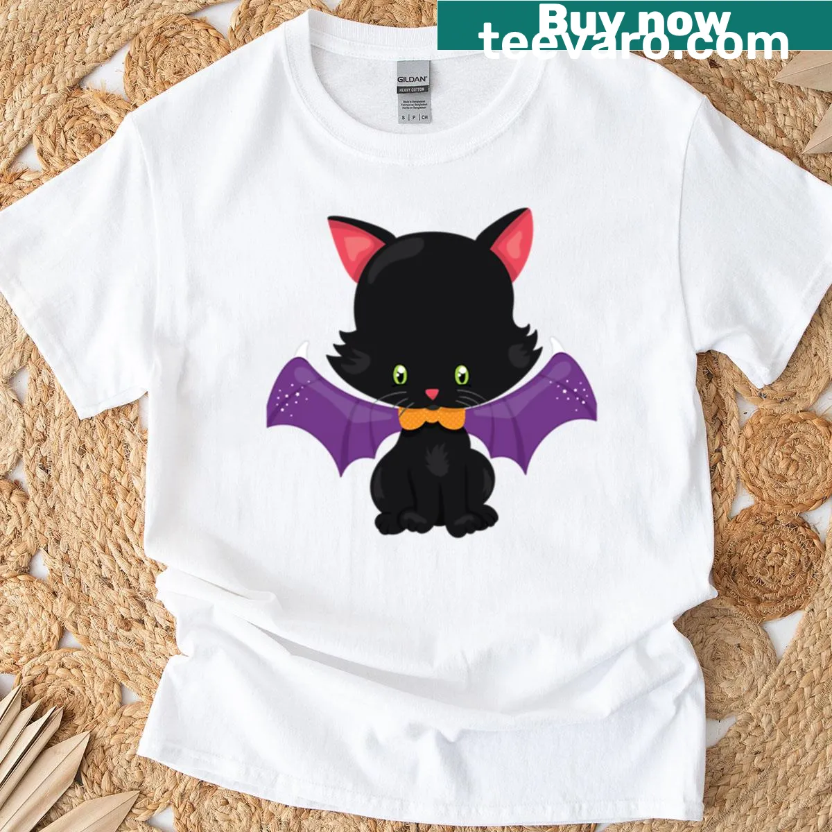 Adorable black kitten dressed as a bat on a t-shirt — on a men's t-shirt
