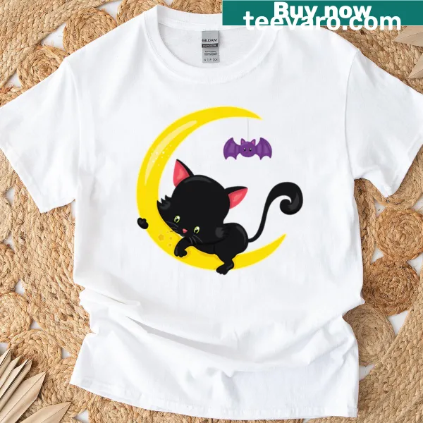 T-shirt featuring a black kitten on the moon with a bat