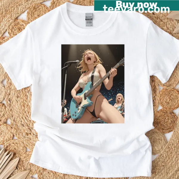 Illustration of a blonde girl with a guitar on a t-shirt