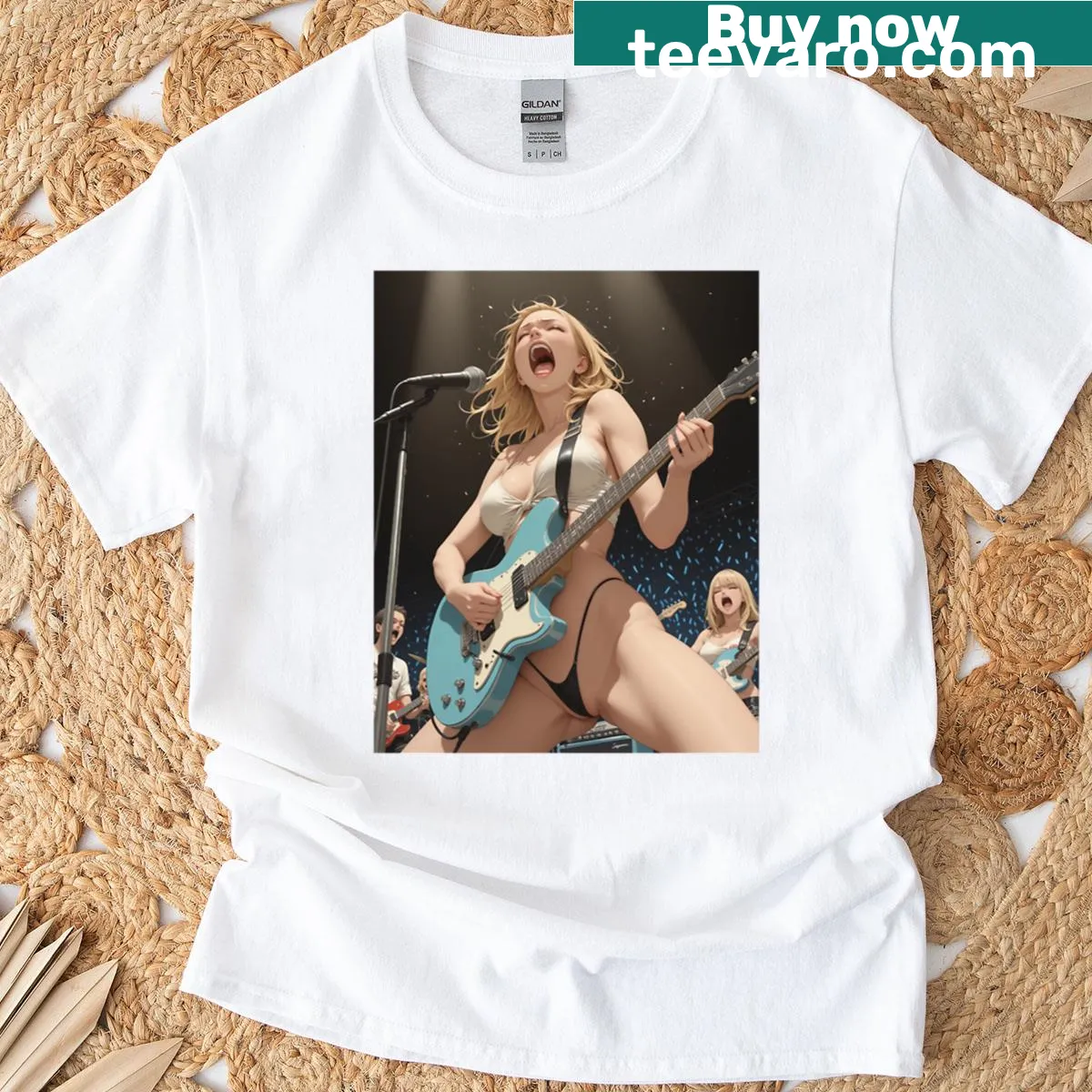 Illustration of a blonde girl with a guitar on a t-shirt — on a men's t-shirt