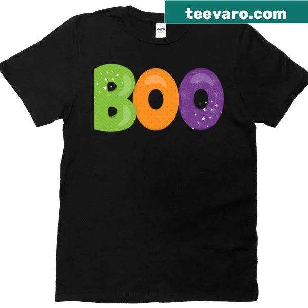 Halloween-themed t-shirt with 'Boo' text and playful patterns