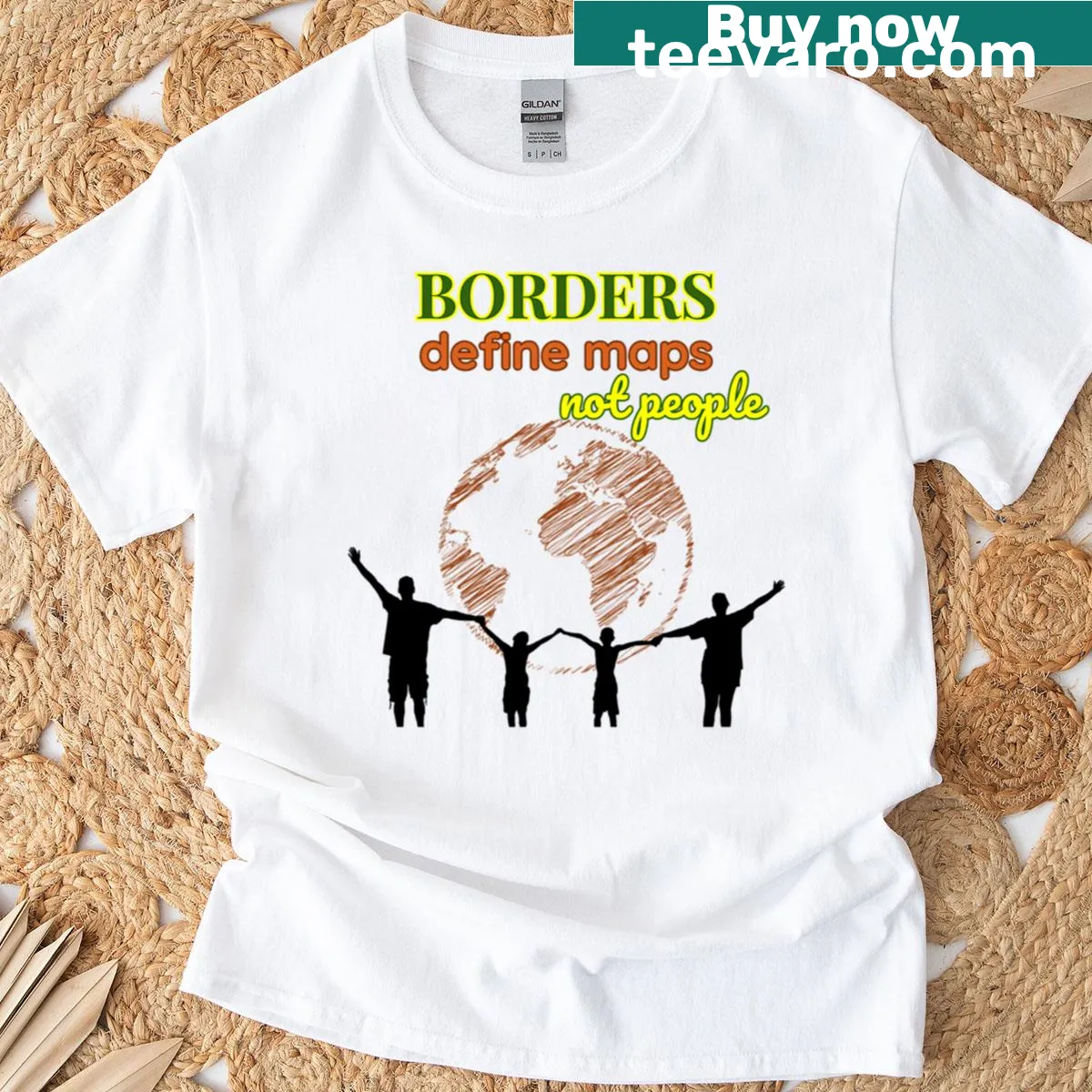 Typography shirt with the phrase 'Borders Define Maps Not People' — on a men's t-shirt