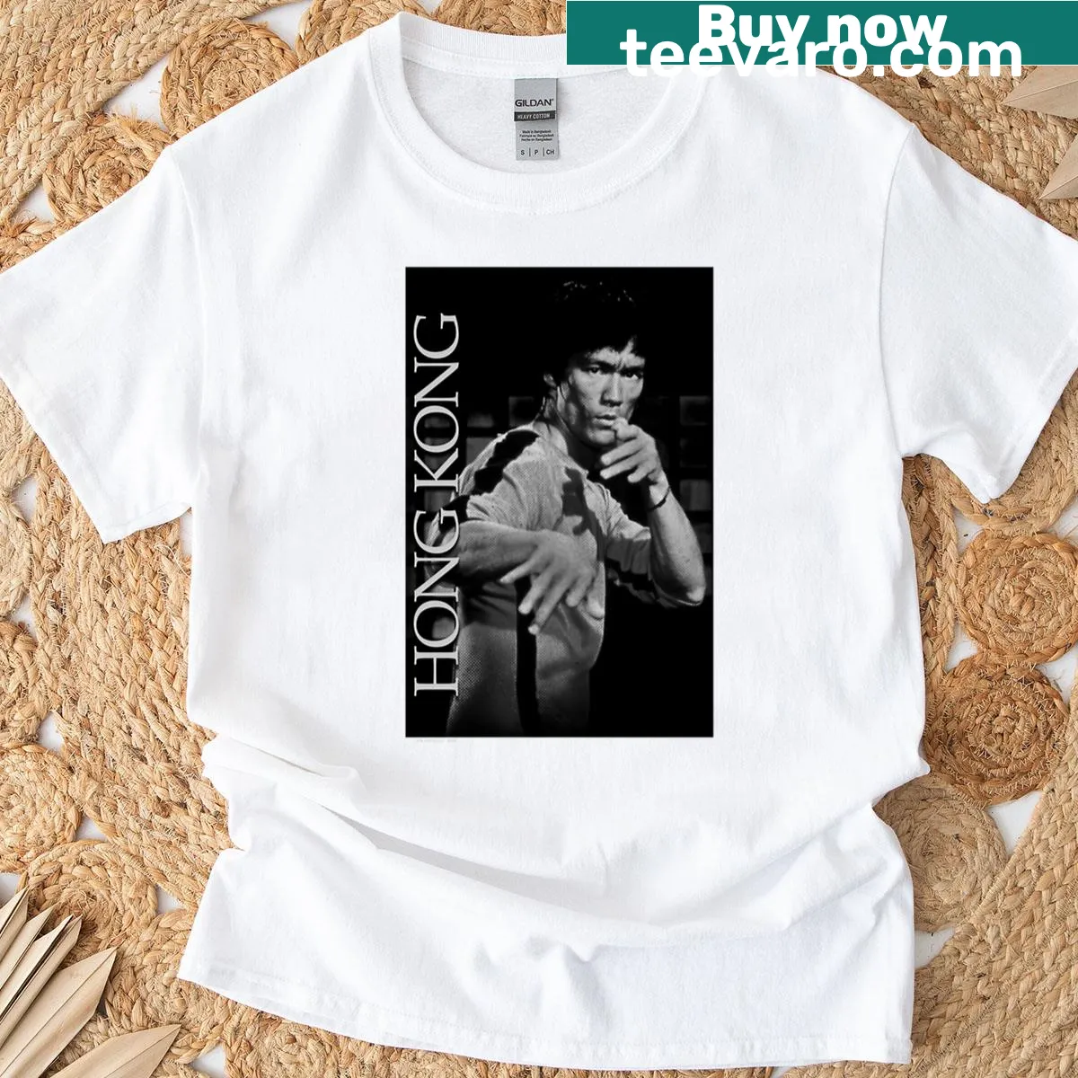 Vintage black and white Bruce Lee poster design on a T-shirt — on a men's t-shirt