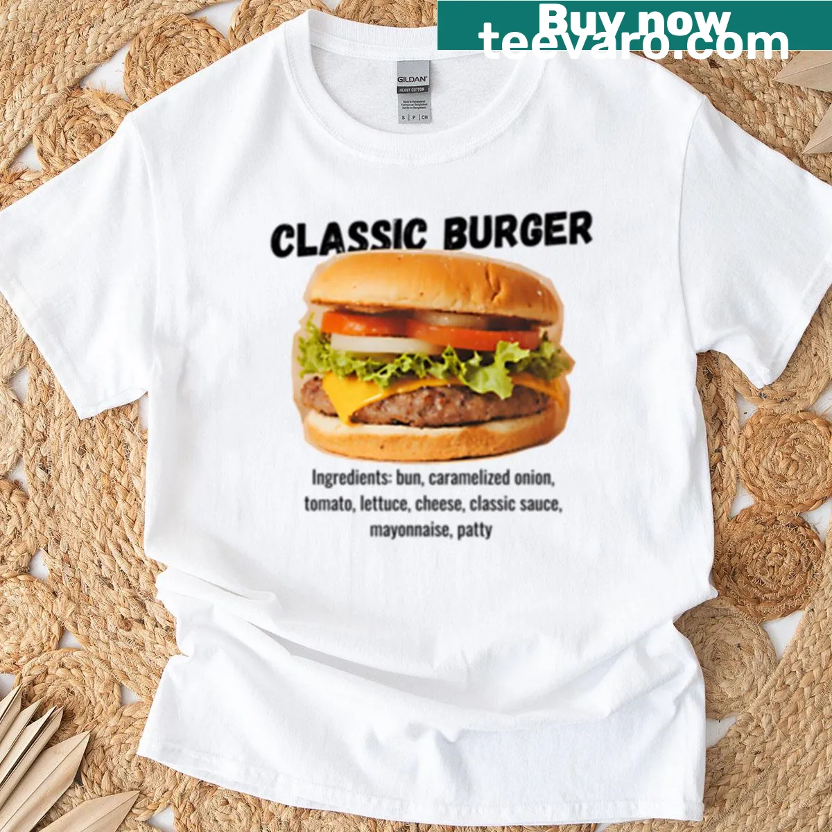 Illustration of a burger on a casual t-shirt — on a men's t-shirt