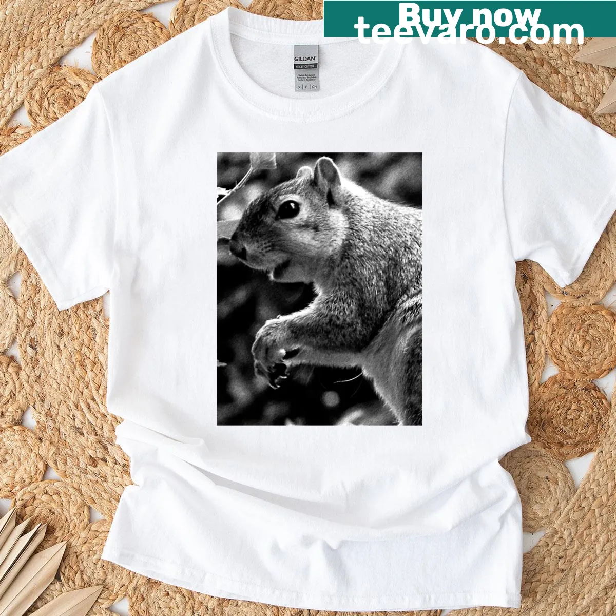 Black and white photo of a fox and squirrel on a T-shirt — on a men's t-shirt