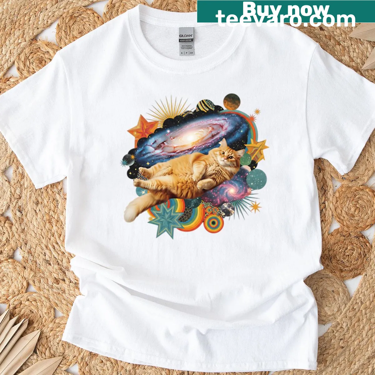 Retro collage T-shirt with a cat in a galaxy theme — on a men's t-shirt