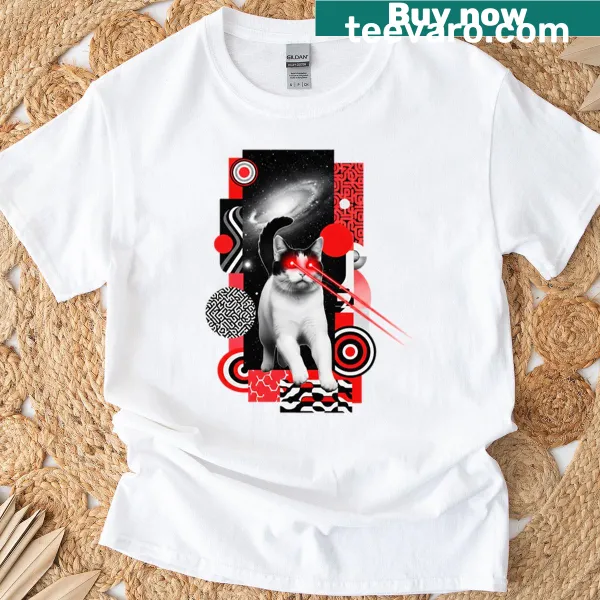 Funny retro collage T-shirt featuring a cat with laser eyes