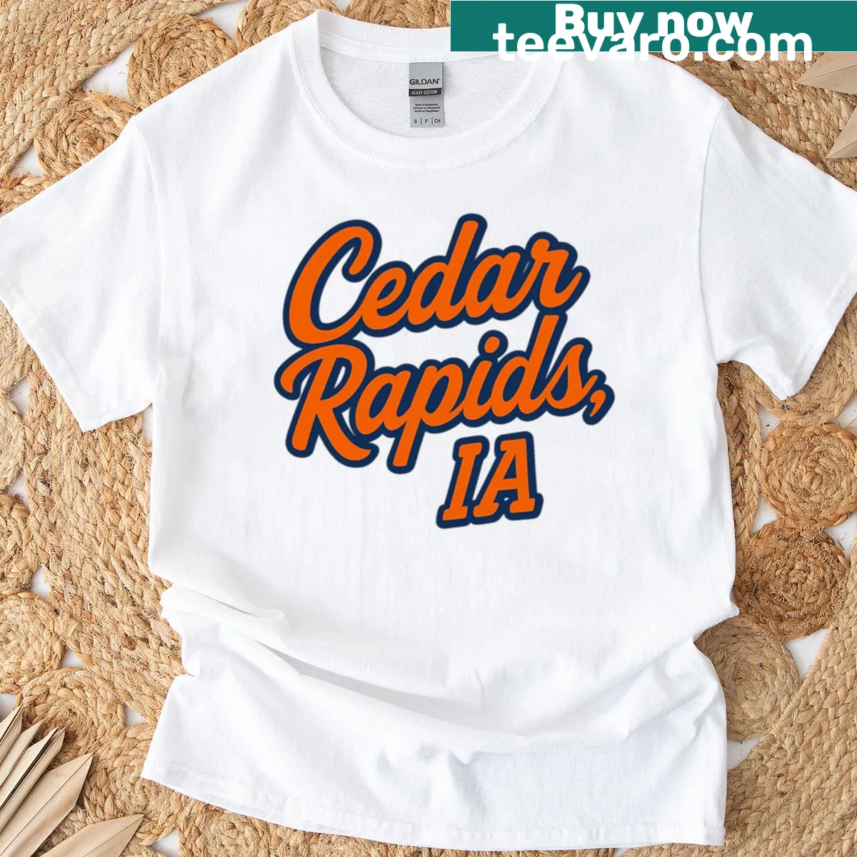 Retro script design T-shirt featuring Cedar Rapids, Iowa. — on a men's t-shirt