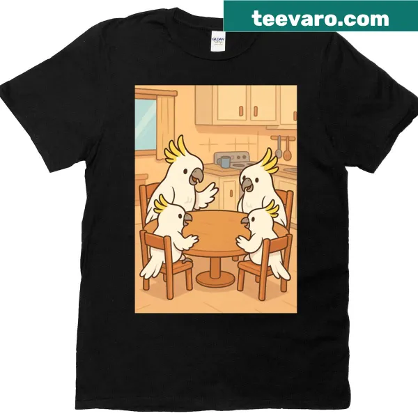 Illustration of a cockatoo in a kitchen on a T-shirt