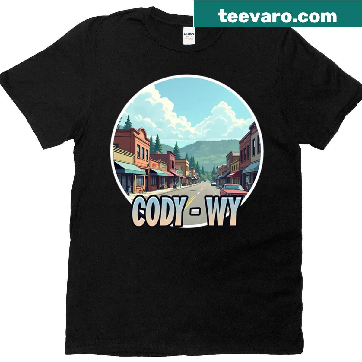 Illustration representing Cody, Wyoming on a casual t-shirt — on a men's t-shirt