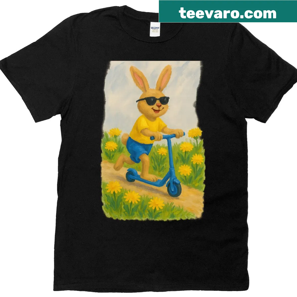 Cartoon bunny riding a scooter on a cheerful t-shirt — on a men's t-shirt