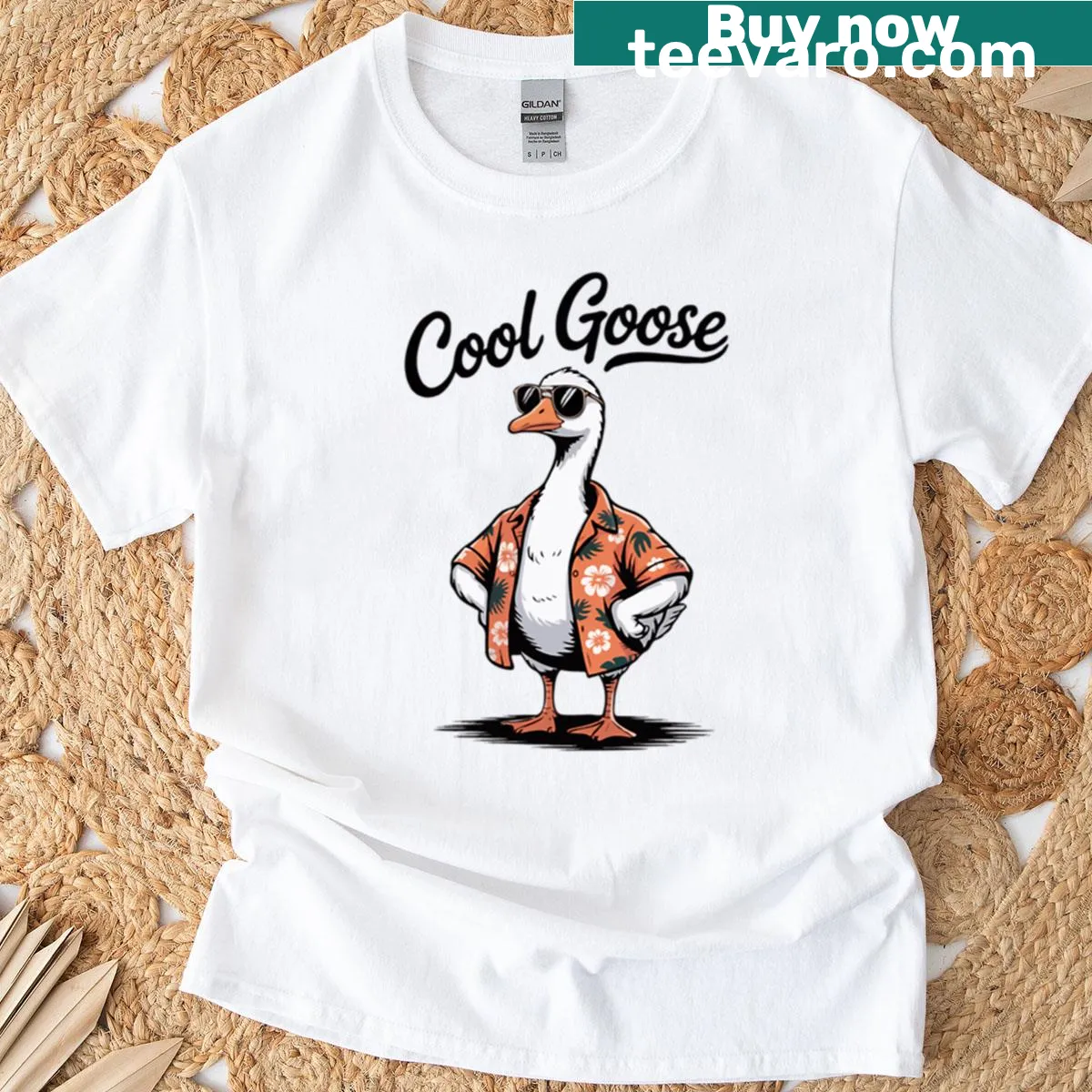 Cartoon T-shirt featuring a hipster goose with sunglasses — on a men's t-shirt