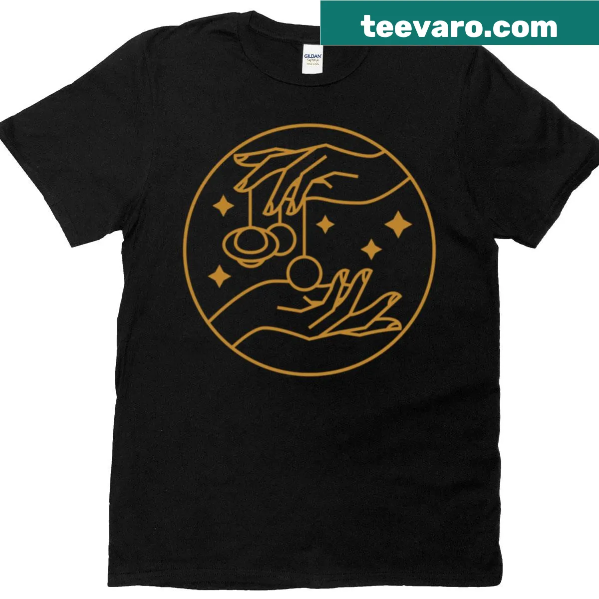 Minimalist T-shirt featuring cosmic hands with planets and stars in line art — on a men's t-shirt