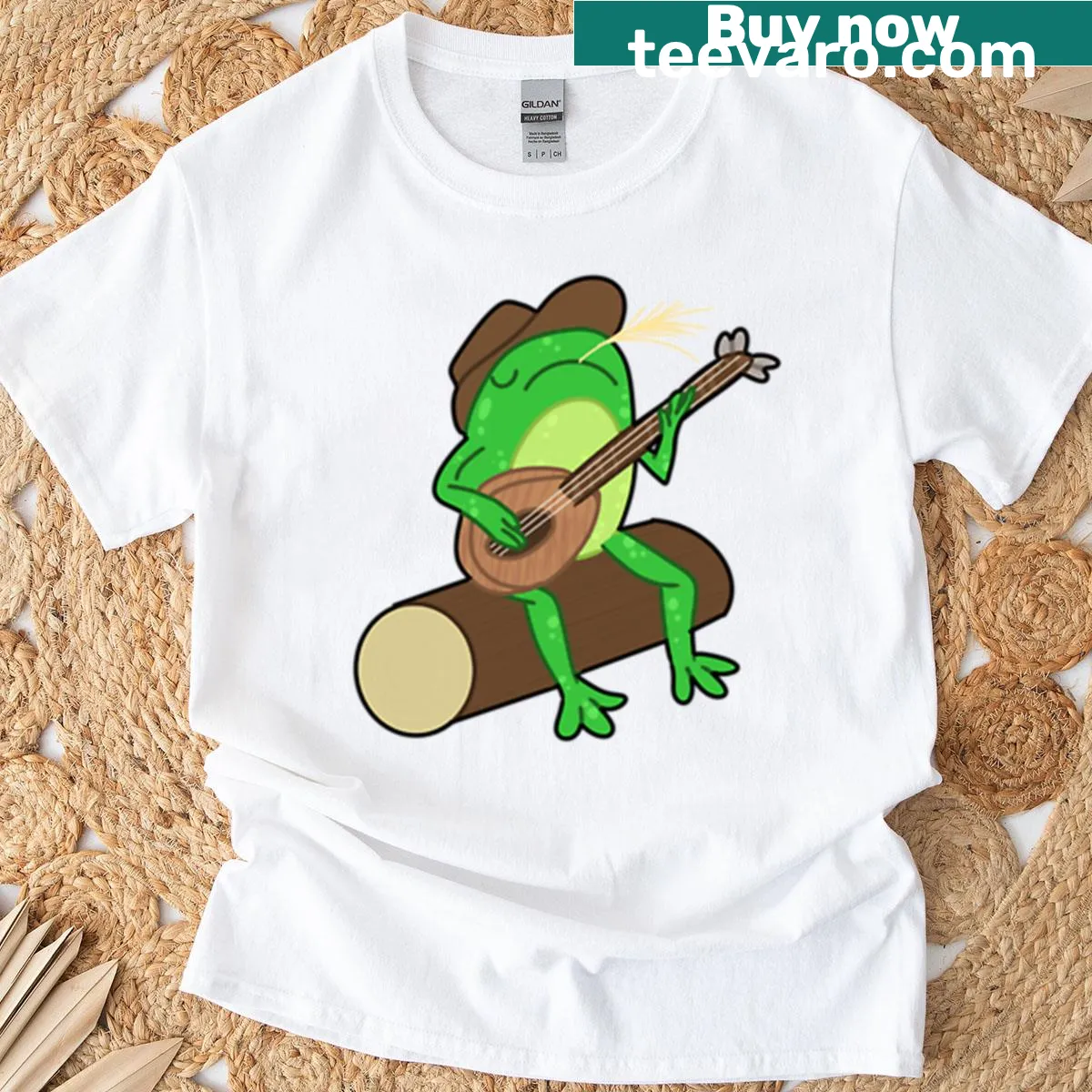 Cartoon T-shirt featuring a cowboy frog design — on a men's t-shirt