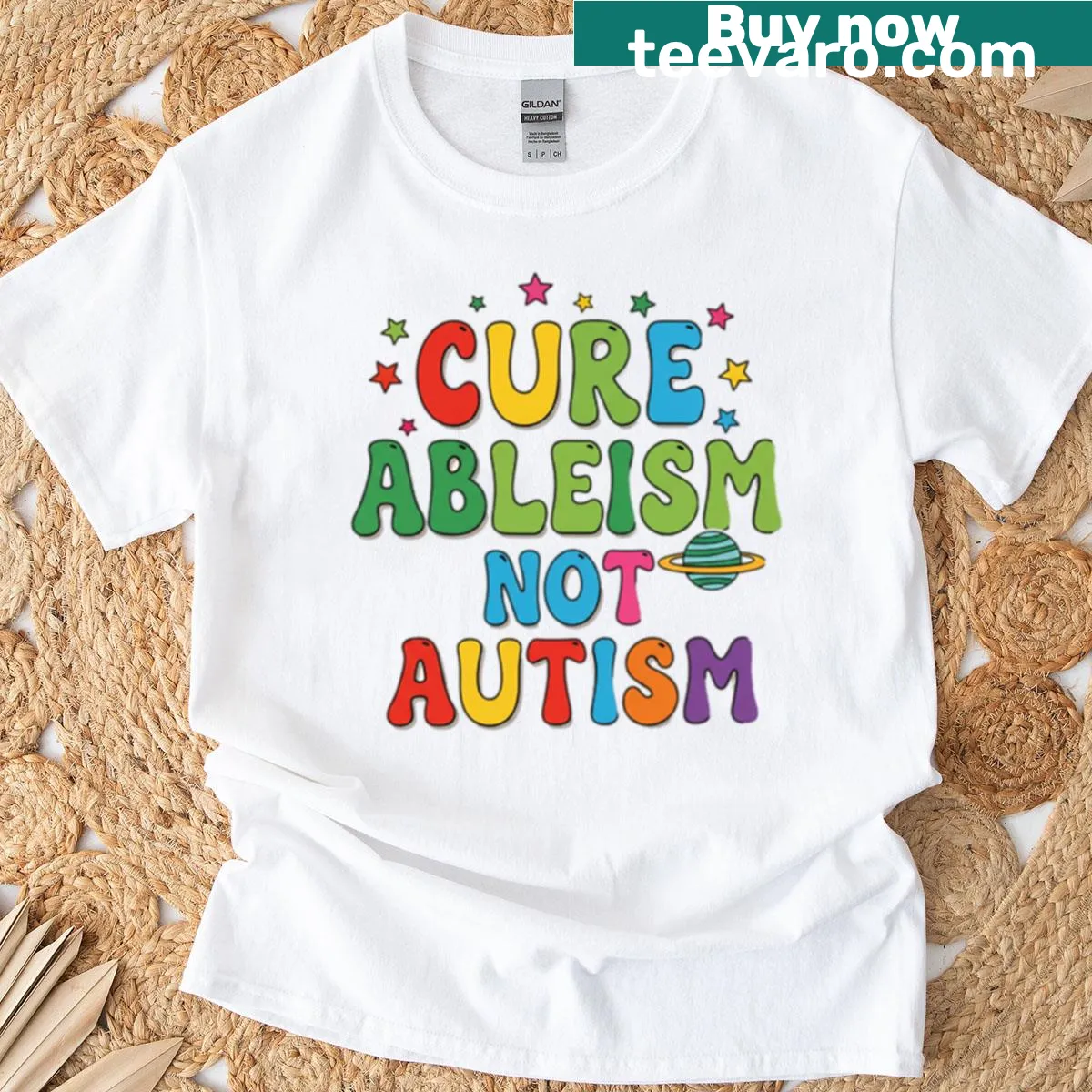 Bold typography shirt with the message Cure Ableism Not Autism — on a men's t-shirt