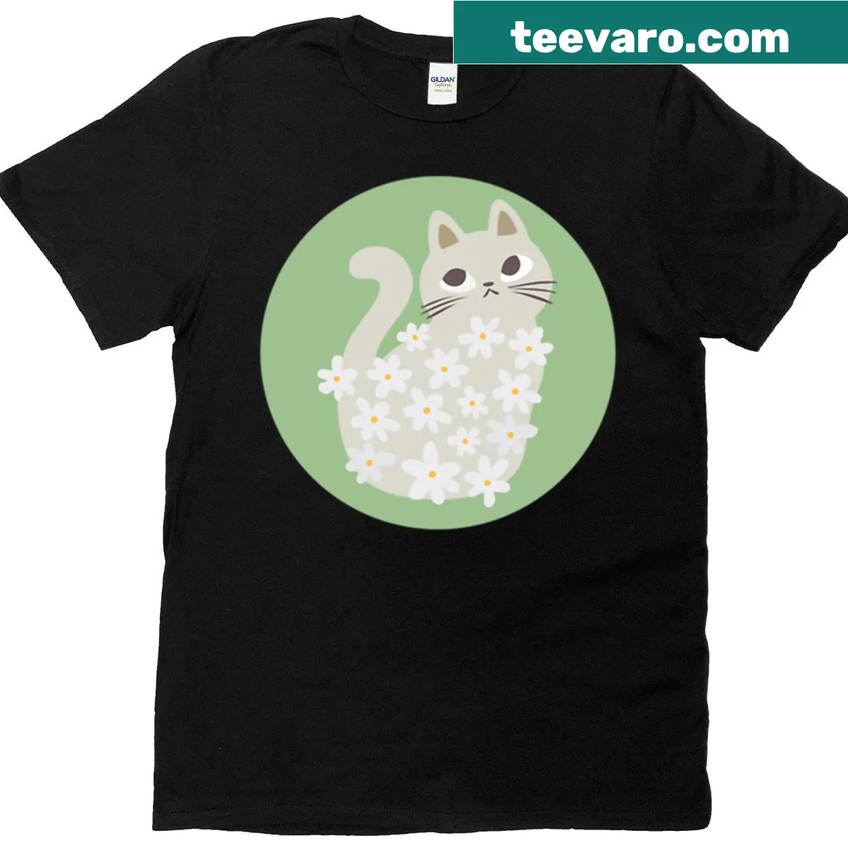 T-shirt featuring a cute cat surrounded by flowers — on a men's t-shirt